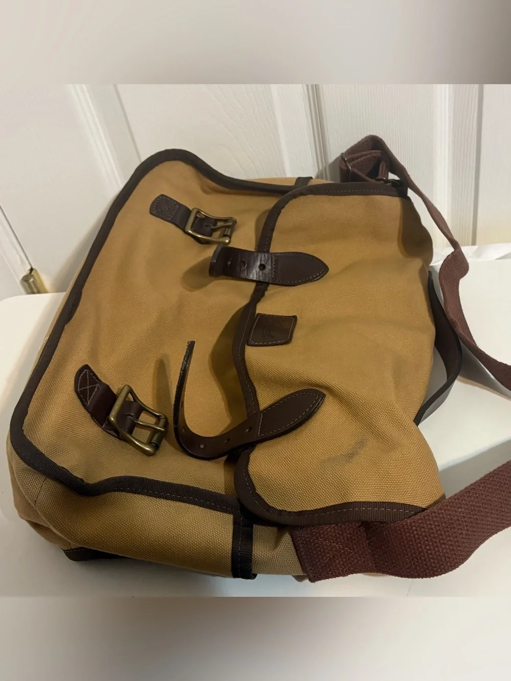 WOOLRICH Unisex Tan Canvas Messenger Bag with Brown Trim, Made in USA